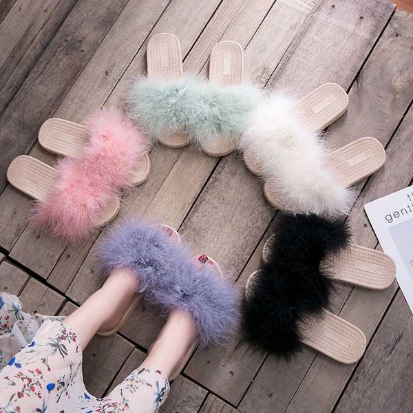

shallow beach shoes slippers casual flock slipers women fur flip flops slides sabot 2020 rubber plush flat sweet, Black