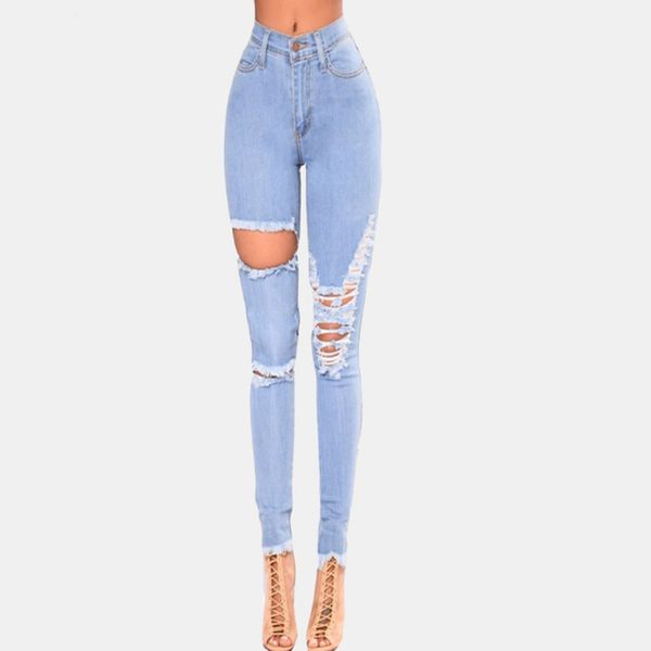 

2019 super deal women fashion jeans women mid waist skinny pencil blue denim pants ripped hole washed cotton jeans woman