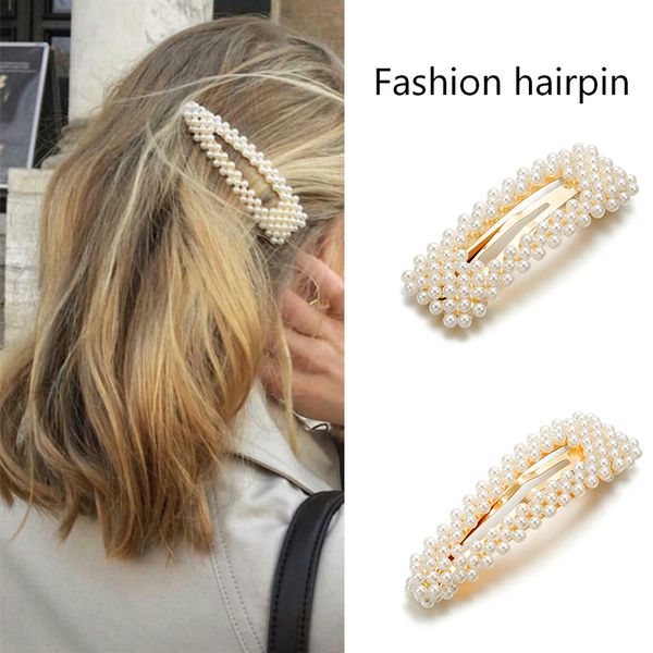 

2019 new fashion pearl hair clip for women elegant korean design snap barrette stick hairpin hair styling accessories, Golden;white