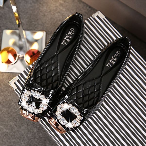 

flash crystal shallow moccasins metal square toe single shoes woman silver&gold soft bottom loafers femme rhombic grid flats2020, Black