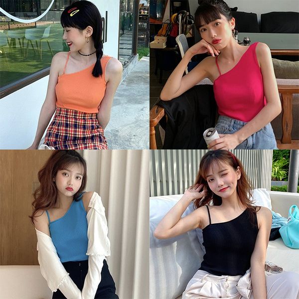 

women knitted camisole asymmetrical collar sleeveless pullover solid color fashion tank new arrived, White