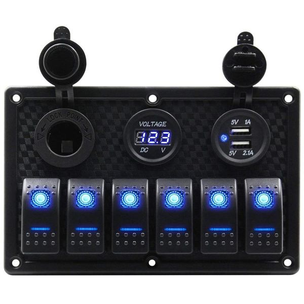 

waterproof 6 gang marine boat rocker switch panel with fuse 3.1a dual usb slot socket + digital voltage display + cigarette car