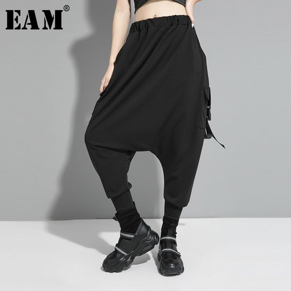 

eam] high elastic waist black buckle stitch long harem trousers new loose fit pants women fashion tide spring autumn 2020 1s186, Black;white