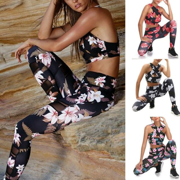 

2 pieces women summer floral yoga sets 2020 ladies sportswear fitness suit print gym leggings sport clothing set s-xl, White;red