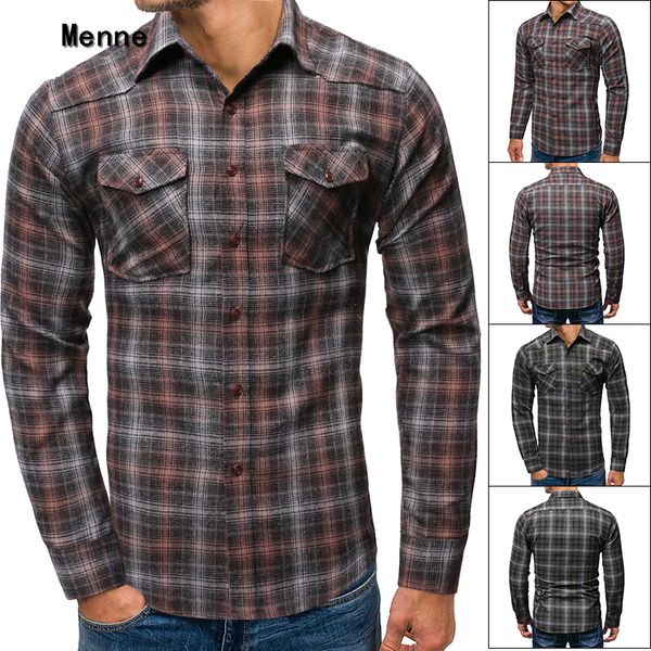 

menne 2019 new casual plaid lapel men's long-sleeved shirt with double pockets for shirt men, White;black