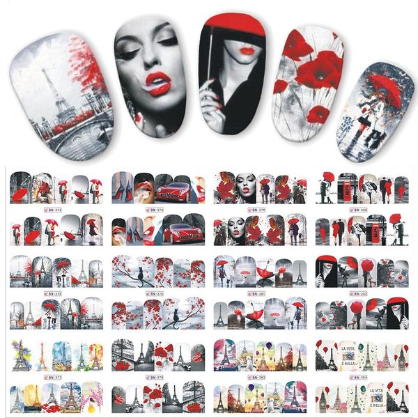 Novos 12pcs / lot Água Transferência Nail Art Sticker Mulher Sexy Charme Red Preto Designs Decalque Lady DIY Tools JIBN373-384