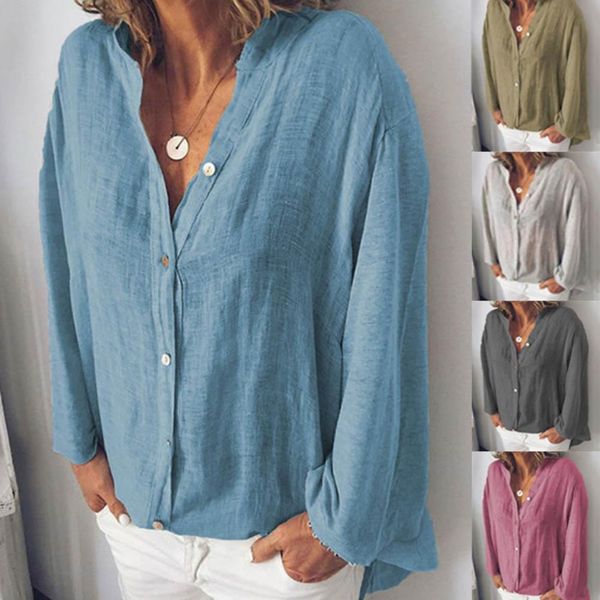

plus size shirt women blouses casual solid color v neck long sleeve shirt loose linen blouse turn-down collar, White