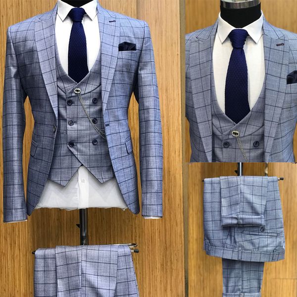 

classic plaid mens wedding tuxedos one button slim fit groom wear pinstripe peaked lapel 3 pieces men designer jackets, Black;gray
