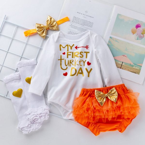 

thanksgiving baby clothes letter infant girls romper shorts leg warmer headband 4pcs sets cartoon newborn bodysuits bow girls outfits dw4429, White