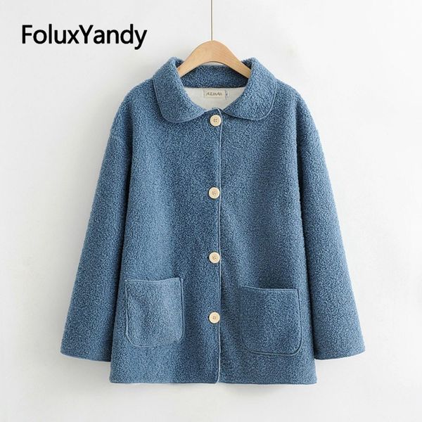 

winter coat 2019 warm woolen turn down collar pocket women winter jacket fashion solid plus size coat women loose kkfy4100, Black