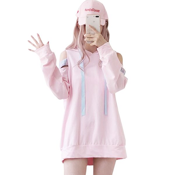 

mid-long long sleeve bare shoulder lace hoodies women chic tie bow hooded sweatshirt sweet autumn winter loose women pullovers, Black