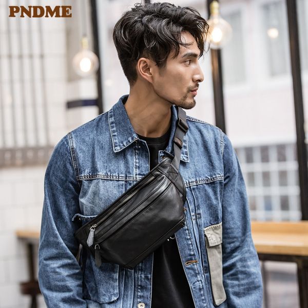 

pndme fashion real cowhide men's small chest bag casual genuine leather daily black shoulder messenger bags