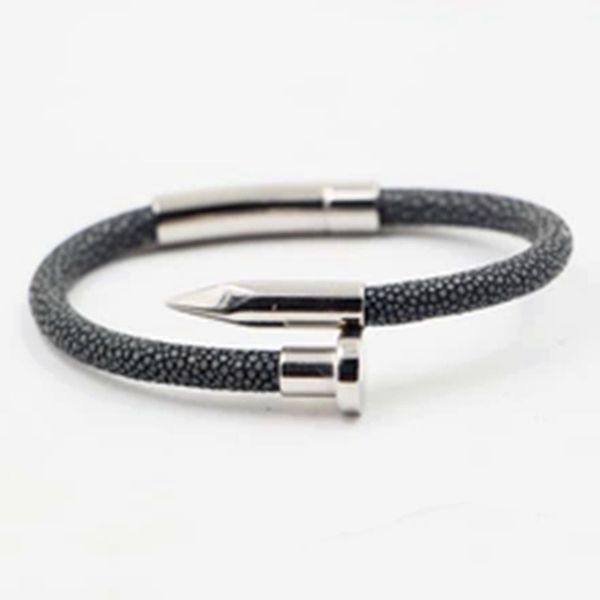 

stingray fish skin leather bracelet with stainless steel metal nail magnetic clasp bracelet, Golden;silver