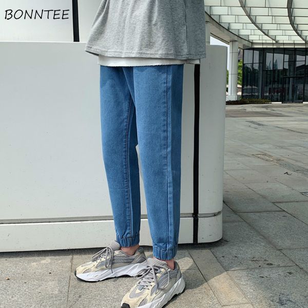 

men jeans bundle ankle-length solid elastic waist retro mens leisure korean style plus size 3xl all-match straight harajuku new, Blue