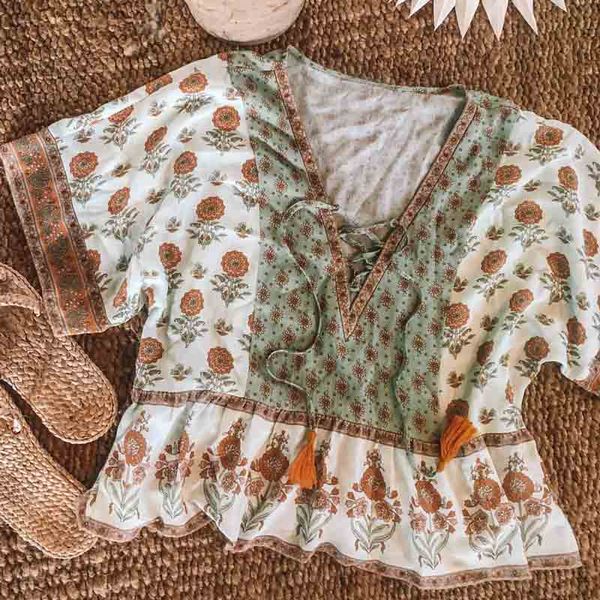 

women's blouses & shirts boho inspired floral print relaxed blouse women v-neck crossover ties summer flare sleeve 2021 casual bech, White