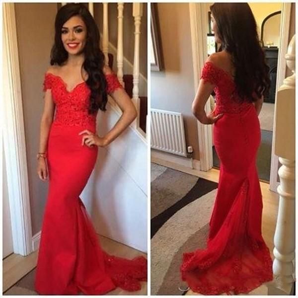 

2020 satin red long mermaid evening dresses off the shoulder sweep train prom gownsrobe soiree celebrity dresses, Black;red