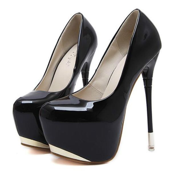 

high heels 16cm wedding fetish round toe women pumps platform thin heel black leather stiletto shoes zapatos de mujer p212