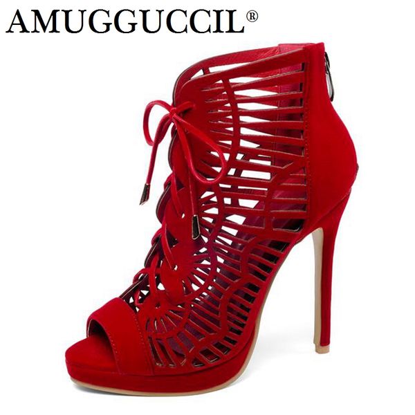 

2019 new plus big size 28-52 black red zip lace up fashion high heel platform females lady sandals ankle women summer boots l994