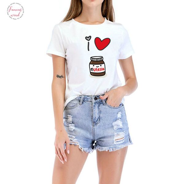 

nutella тенниска лета женщин v шеи хлопка с коротким рукавом kawaii harajuku girls cartoon printed tee shirt femme смешные графический tshir, White