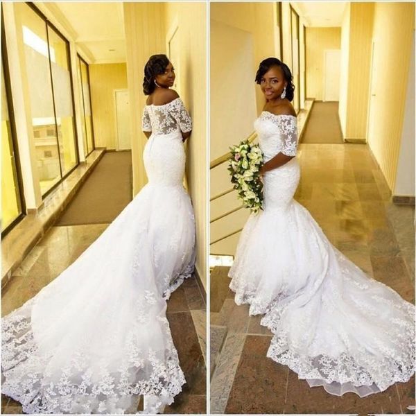 

2019 arabic african mermaid wedding dresses plus size court train see through back off-the-shoulder half sleeve lace bridal gowns, White