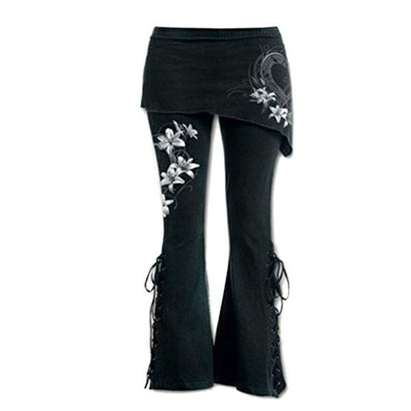 

loose women black embroidered casual bandage flares punk lace up elastic waist pants, Blue