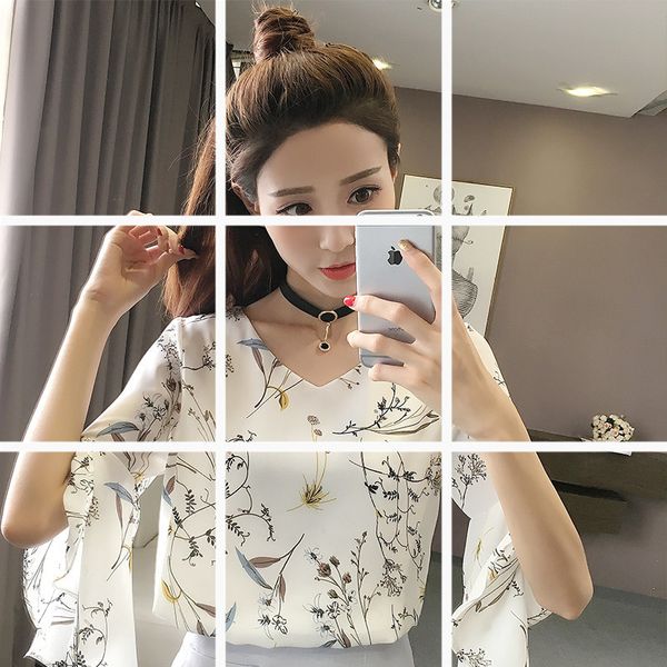 

2018 flounced bell sleeve floral print v-neck shirt loose chiffon blouse, White