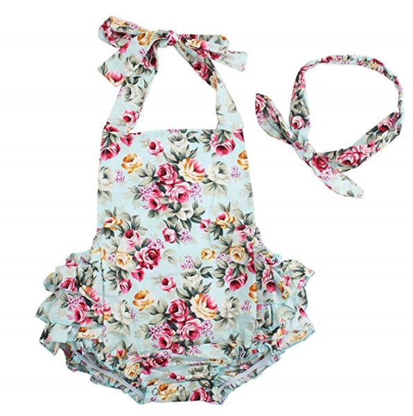 

baby girl summer romper 2pcs sets cotton ruffles romper outfits clothes newborn baby girls clothes, Blue