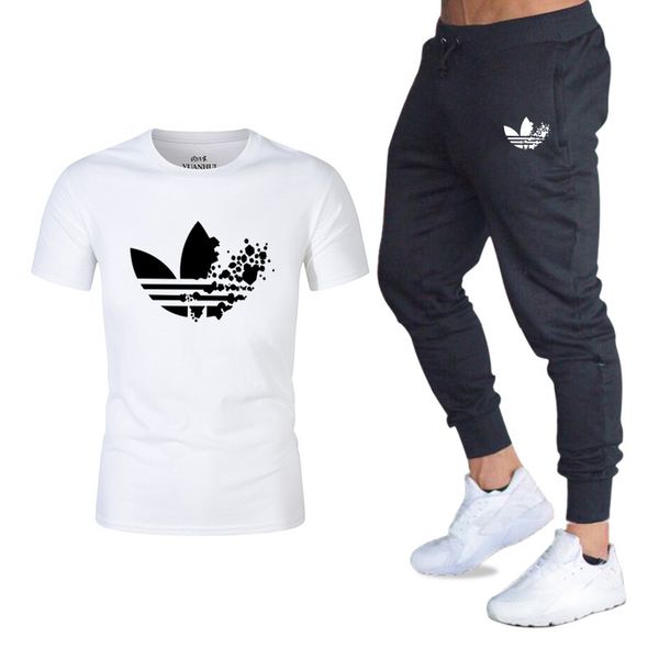 

summer men's sets t shirts+pants two pieces sets casual tracksuit male 2019 casual tshirt gyms fitness trousers men, Gray