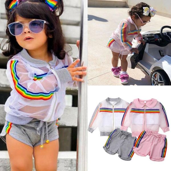 

2019 новые девушки малыша одежда set summer see through пальто crop top шорты ребёнки длинным рукавом пальто + жилет + короткие штаны костюм, White