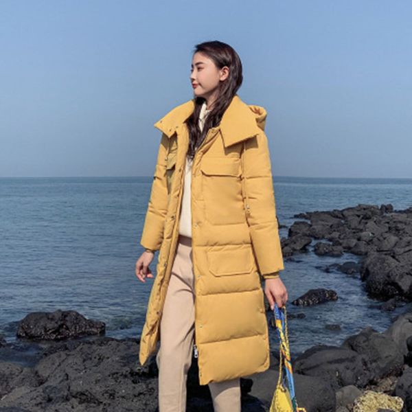 

2019 new down cotton clothes women winter solid color korean long section fashion hooded thicken over kneecoat jacket tide, Black