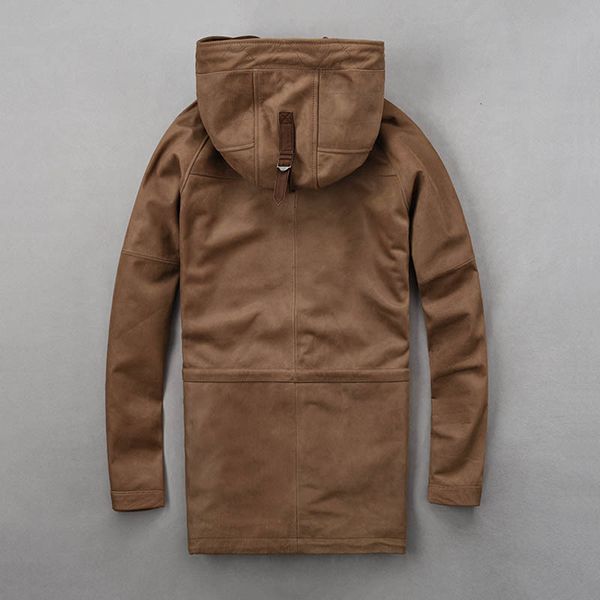 

men natural cowhide leather long jacket vintage hoody genuine leather coat slim fit motorcycle windproof jackets 3xl, Black