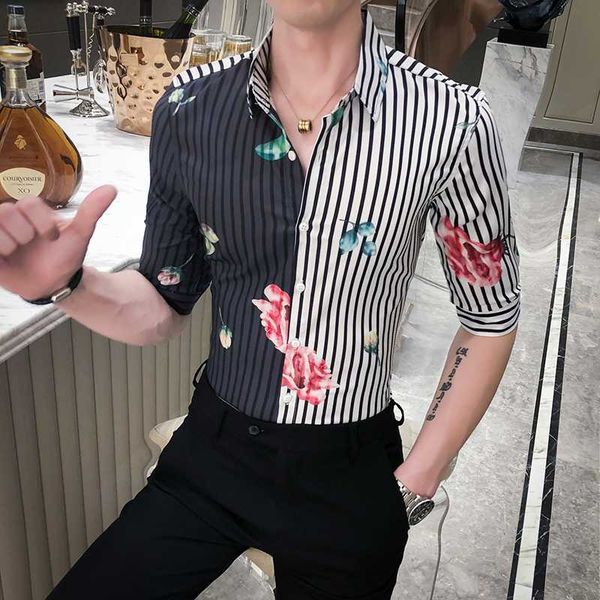 

2020 лето мужчины полосатая рубашка мода пэчворк цвет половина рукава мужские повседневные рубашки высокое качество slim fit цветочные рубаш, White;black