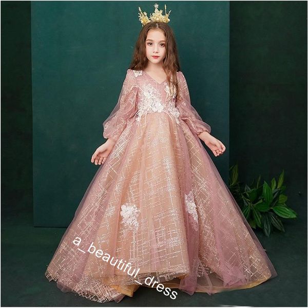 Elegante Meninas Pageant Vestidos mangas compridas A Flower Girl Dresses linha para Vestido de casamentos 2019 Longo Prom for Girls FG1287