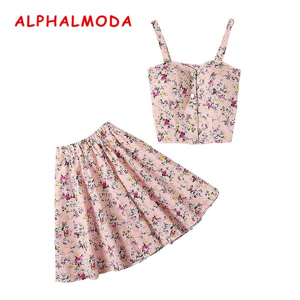 

alphalmoda new arrived single breasted floral tank + mini skirt women 2pcs summer sets stretchy crop boho skirt suits, White