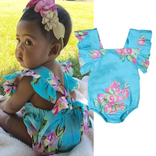 

2020 newborn summer baby girl infant flower ruffle romper bodysuit jumpsuit outfit clothes, Blue