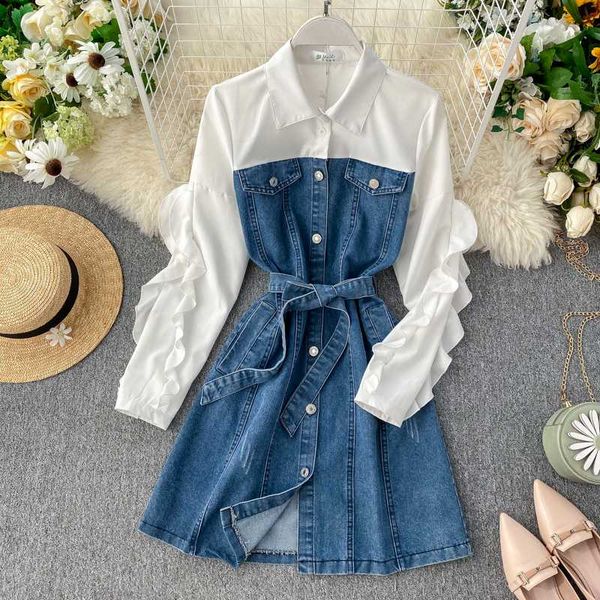 

fashion autumn blouse shirt dress women new design patchwork jeans denim dress elegant ladies short bandage, Black;gray