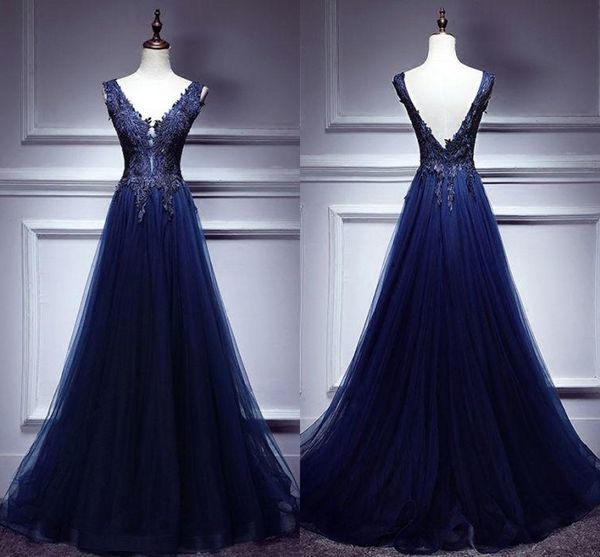 

navy lace tulle evening dresses formal deep v-neck v open back ruched draped dresses evening wear prom dress long 2019, Black