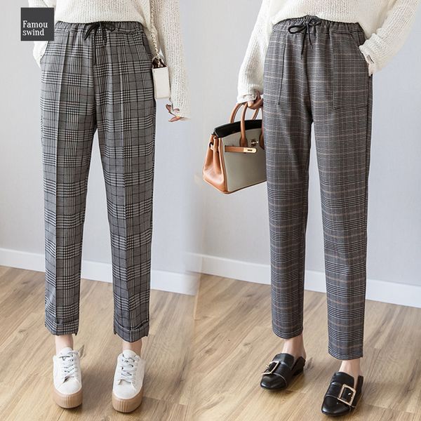 

весна 2019 лето брюки новая мода урожай классический женщины полный pantalon длина плед штаны эластичный пояс вскользь свободные шаровары, Black;white