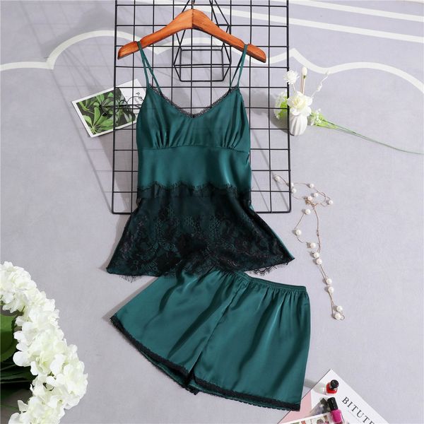 

satin pajamas two piece set women sleepwear silk pajama chest pad nightwear women 2019 summer lace lingerie homewear, Blue;gray