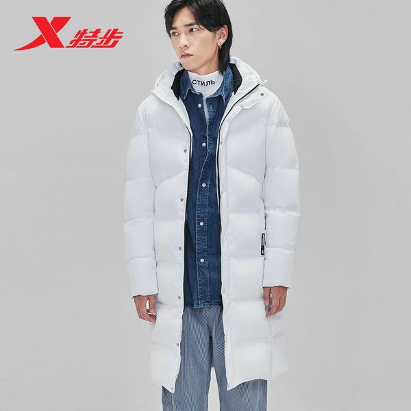 

xtep winter men's down jacket solid color hooded down coat men casual warm thicken medium-long parka men wind coat 881429199160, Blue;black