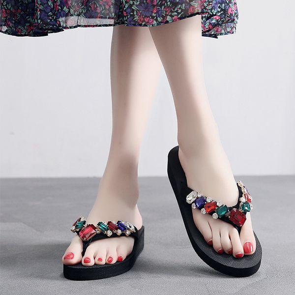 

summer flip flop women casual slippers bohemian beach shoes summer casual sandals thick bottom non-slip shoes, Black