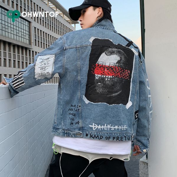 

mens graffiti denim jackets streetwear hip hop casual patchwork ripped distressed punk rock hole character jeans coats outwear, Black;brown