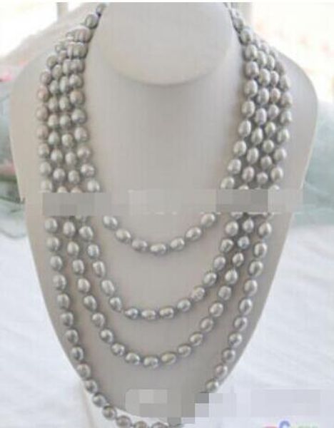 

+ long 100" 9-10mm nature gray freshwater pearl necklace>>, Silver