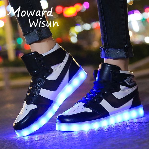 

large size children led shoes for kids boys glowing luminous sneakers for women&men led lighted shoes with luminous sole, Black;red