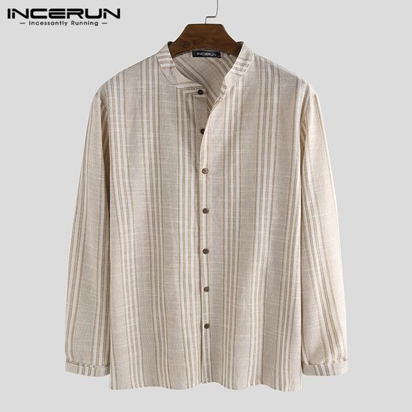 

incerun vintage men striped shirt stand collar long sleeve breathable button streetwear brand casual shirts men chic camisa 2019, White;black