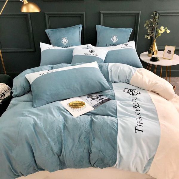 

t letter new branded bed cover suit blue fashion embroidery stripe  bedding sets king warm duvet cover suit