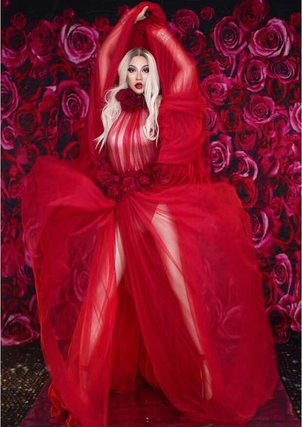 

2019 red flowers see through dress birthday celebrate dress evening bar singer show stage outfit dance long, Black;red
