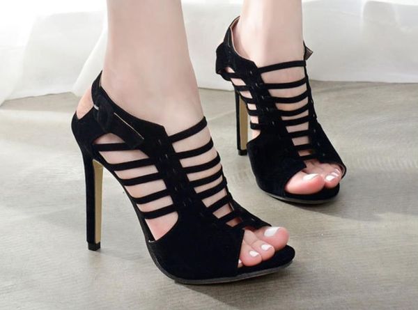 

roman style fish mouth sandals suede 11cm stiletto heel summer dress shoes for women party size 35-40, Black
