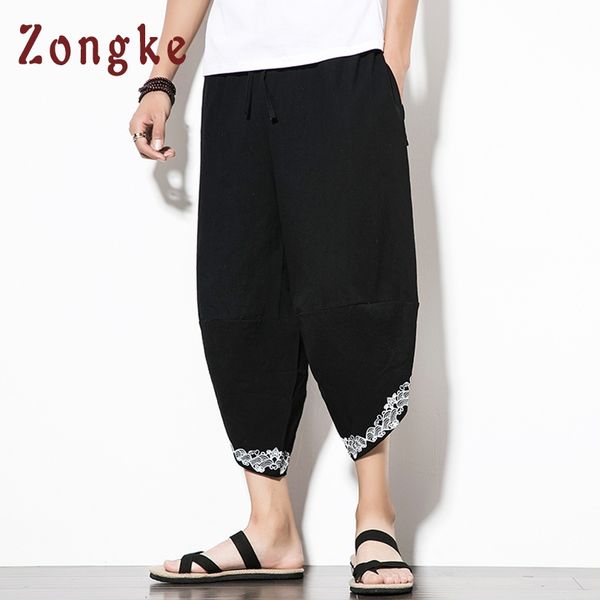 

zongke chinese style calf-length streetwear pants men trousers men pants joggers sweatpants loose wide leg 2019 new, Black