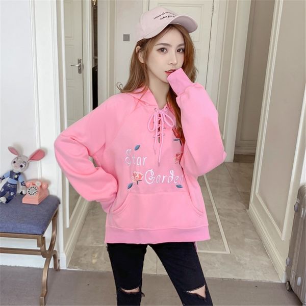 

pink winter harajuku crewneck sweatshirts women hoodies long sleeve ladies embroidere flower pocket pullover clothes 2019, Black